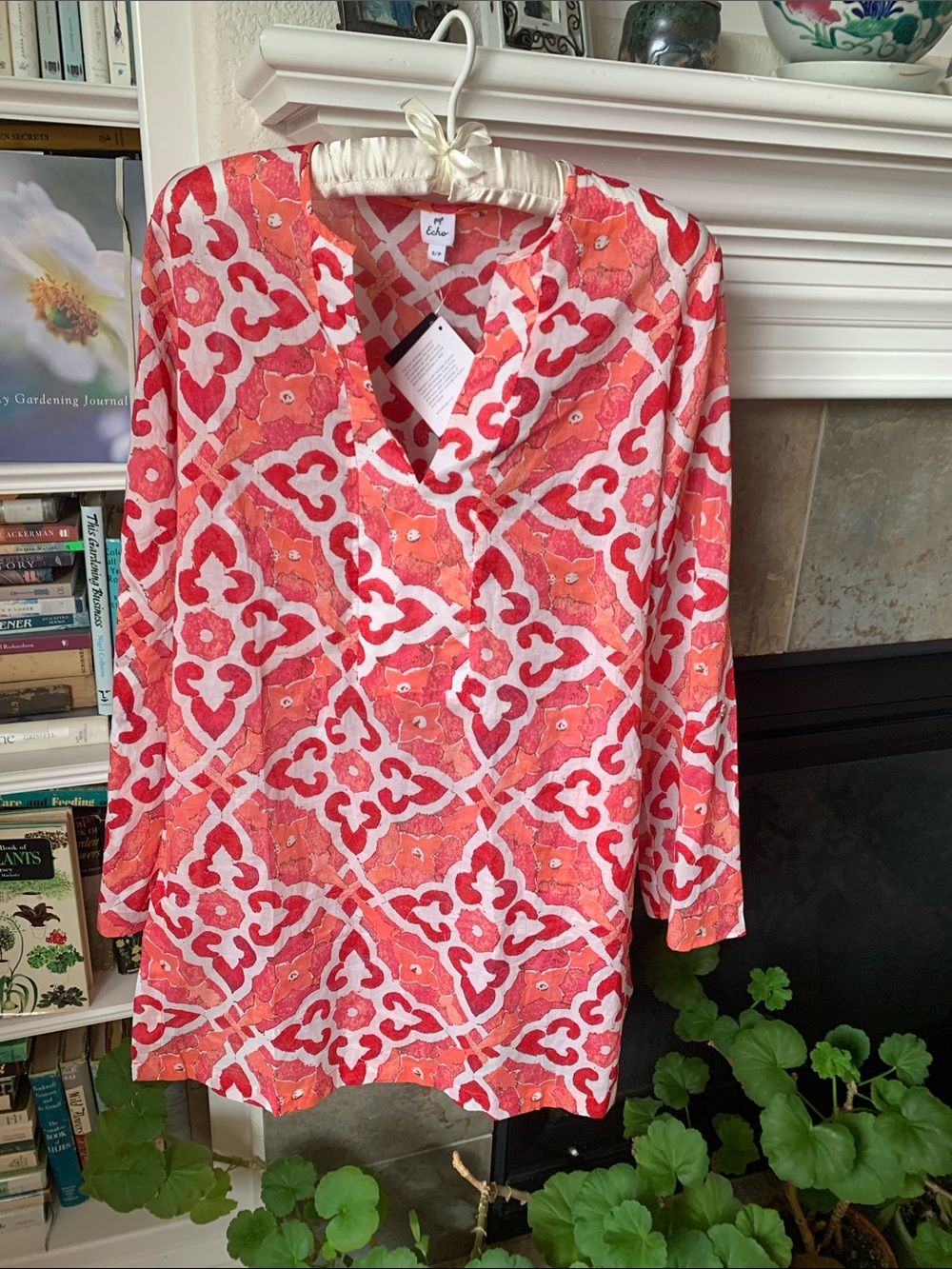 Echo Coral and White Patterned V-Neck Tunic